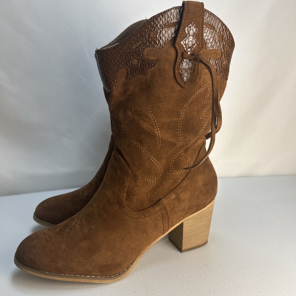 Shibever Womens Cowgirl Boots Sz 11 Brown Suede Mid Calf Western Chunky Heel NIB